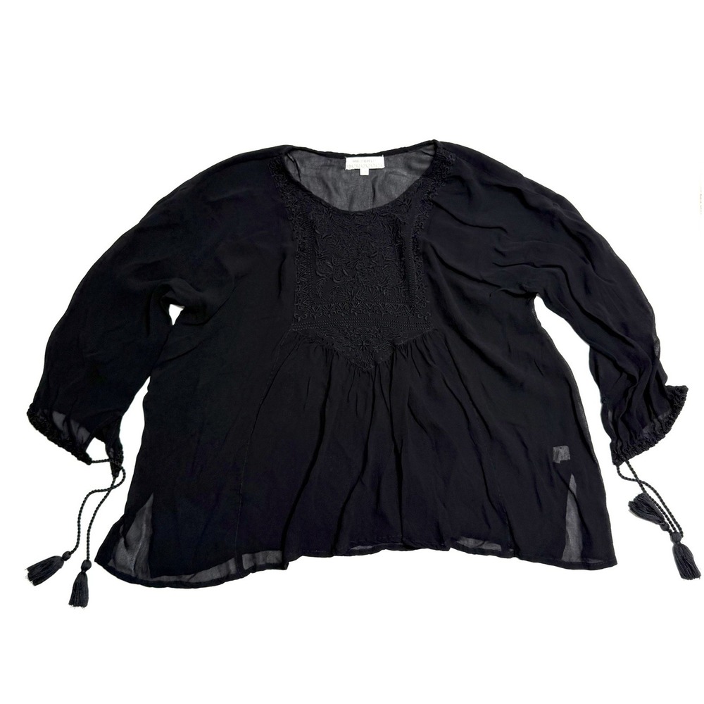World Market Black Sheer Boho Blouse Size S/M Woman Embroidered Rope 3/4 Sleeves